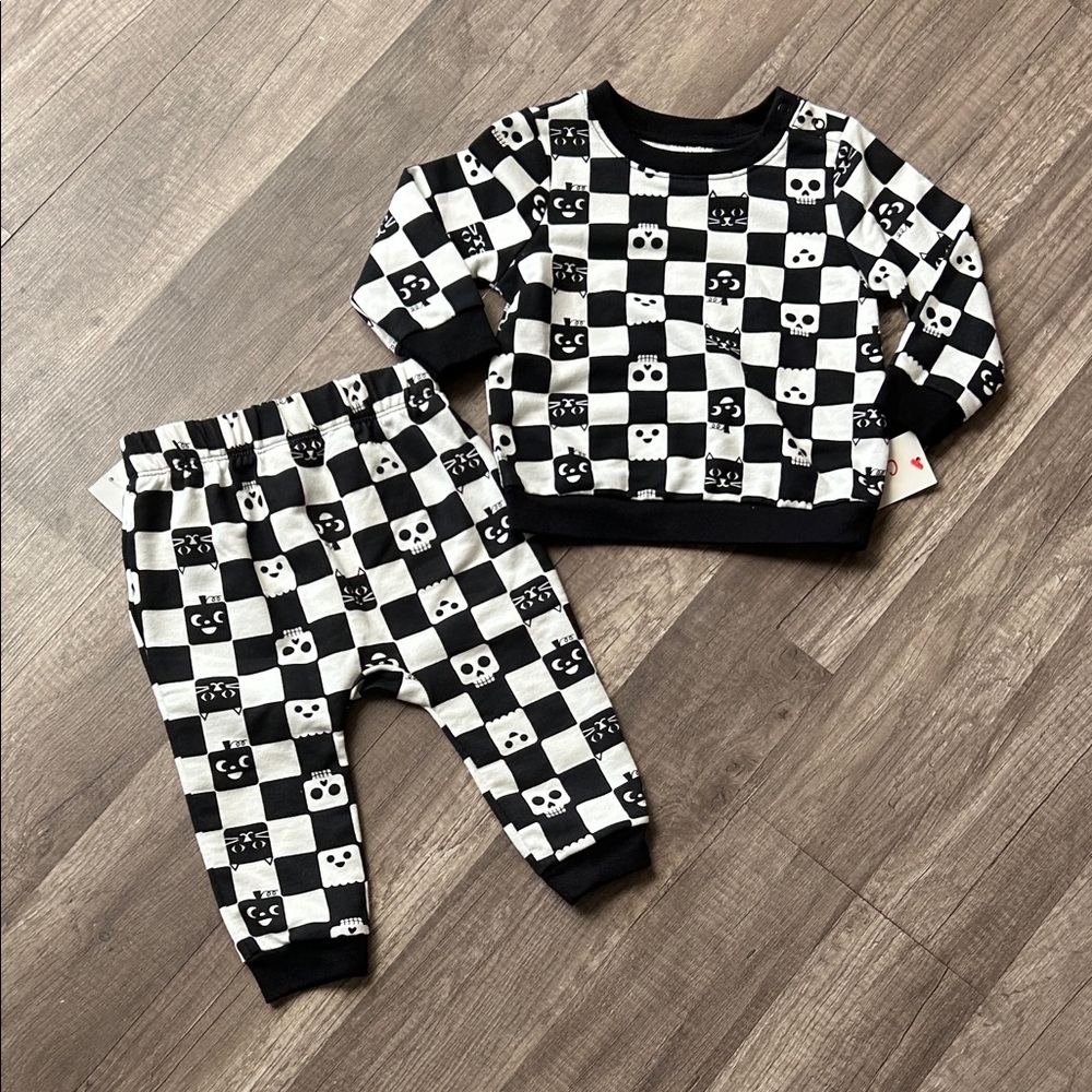 NEW Cat & Jack Black and White Checkered Baby Sweatsuit Outfit Set